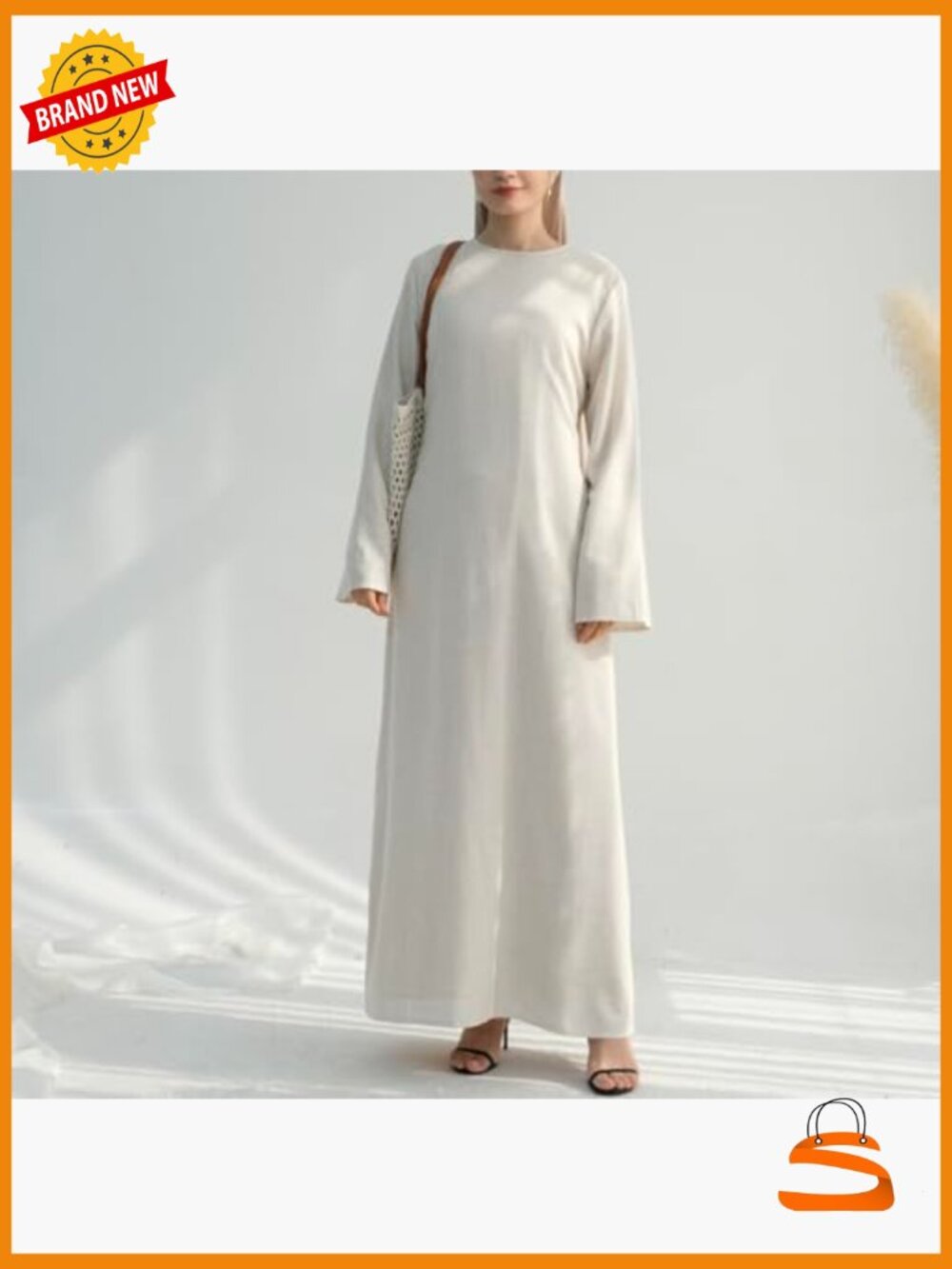 Linen-Blend Maxi Dress with Flared Sleeves and Tie Belt - Picture 2 of 4